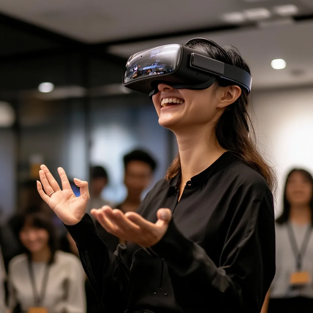 a woman wearing a VR headset at a futuristic theme park