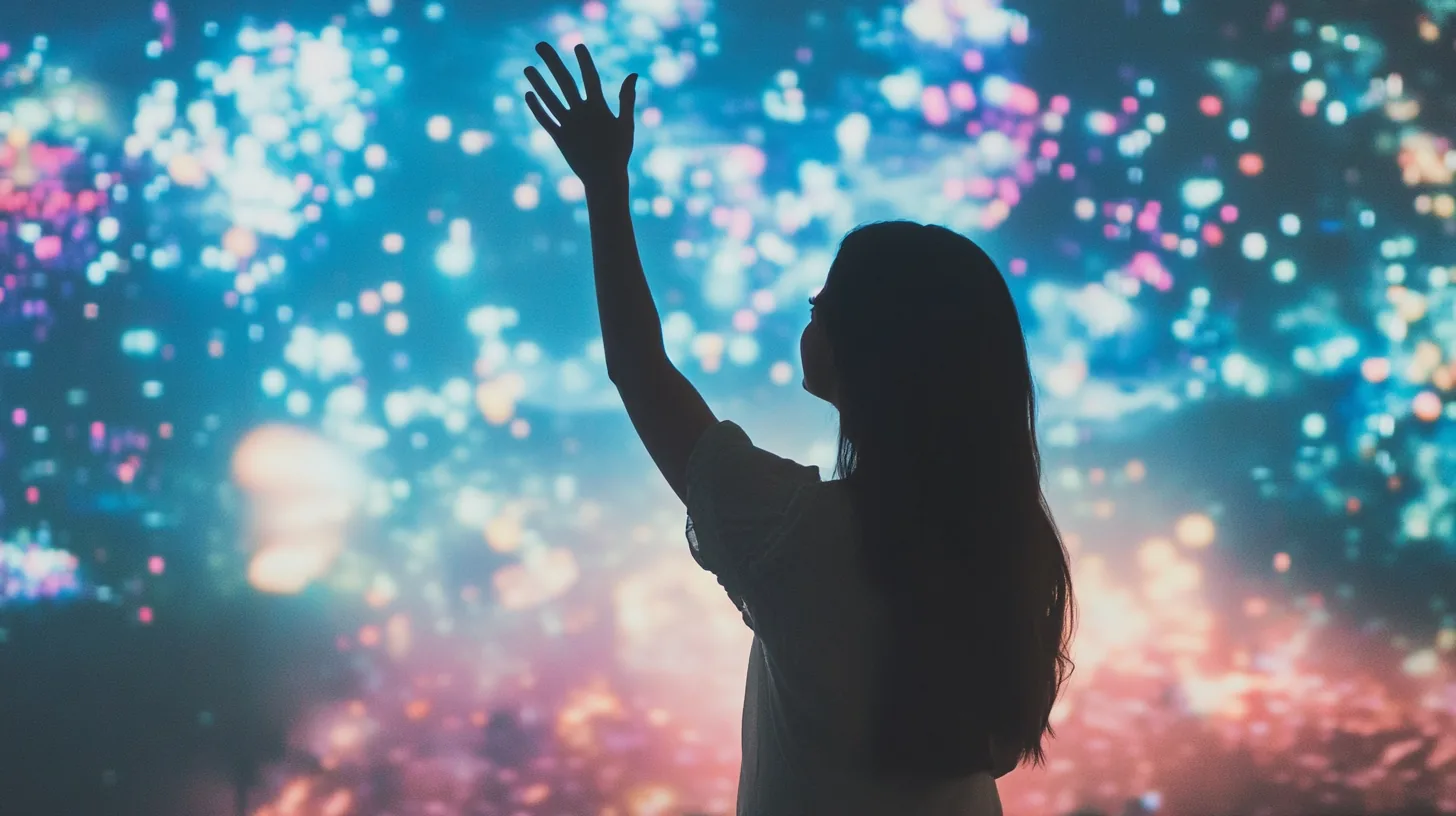 a woman holding her hand up to an interactive LED screen for the terms page feature image